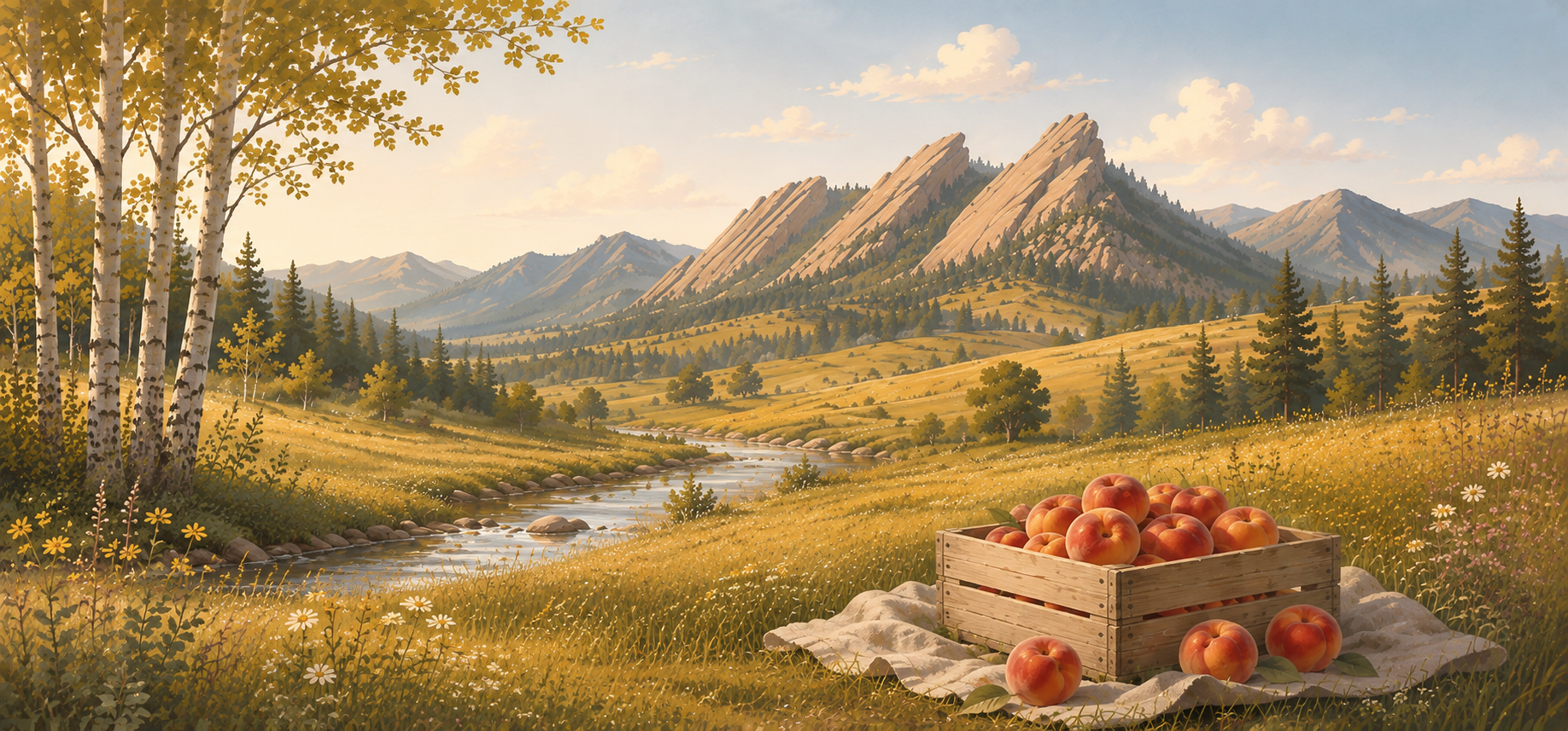 Flat vector summer scene of a berry pie picnic near the Colorado Flatirons